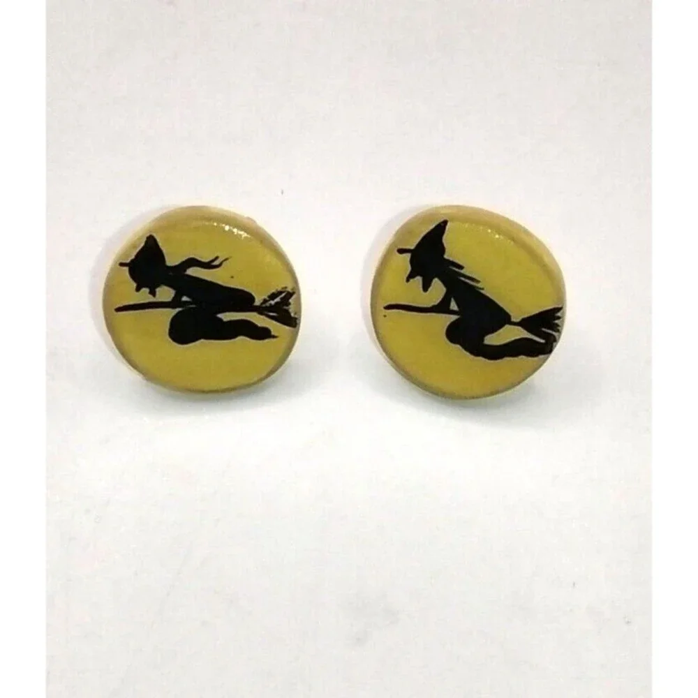 Halloween Witch Pierced Earrings Ceramic Silhouette on Yellow Background Round